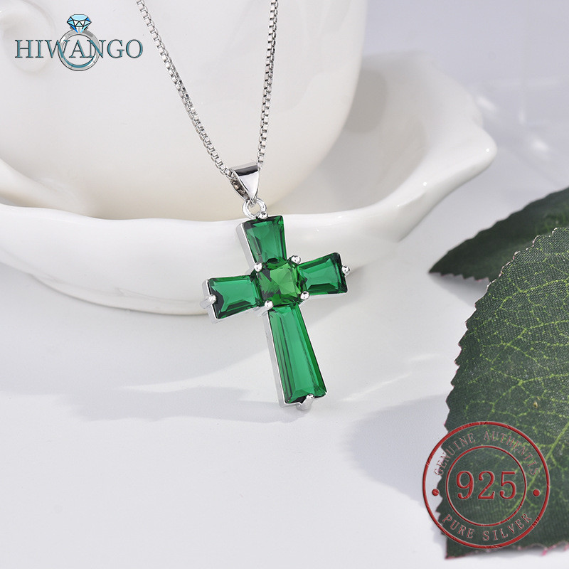HIWANGO Caibao Perhiasan Wanita Salib Kalung Zirkon Liontin Hijau