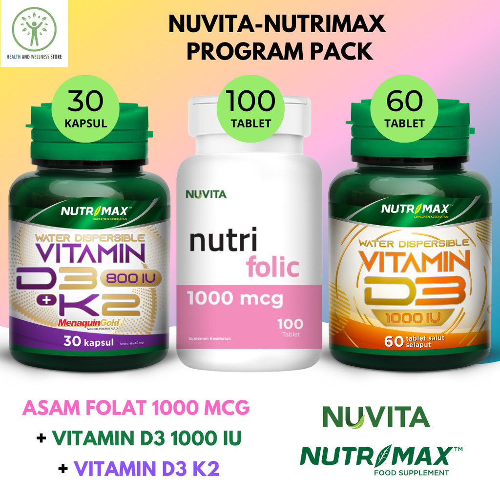 PAKET NUVITA NUTRI FOLIC 1000 MCG 100 TABLET DAN NUTRIMAX VITAMIN D3 1000 IU 60 TABLET D3 K2 30 KAPS