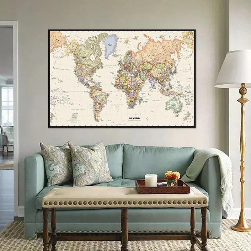 

The Retro World Map with Details Canvas Painting Wall Art Poster Decorative Hanging Picture for School Supplies 60*40cm