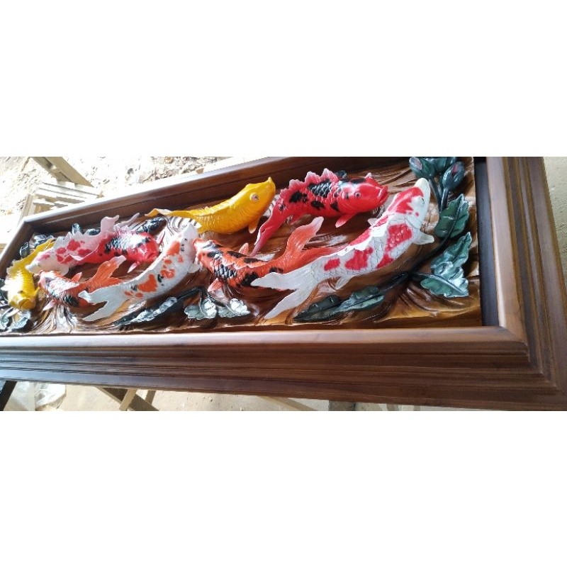 RELIEF KAYU JATI IKAN KOI UKIRAN ANTIK KAYU JATI