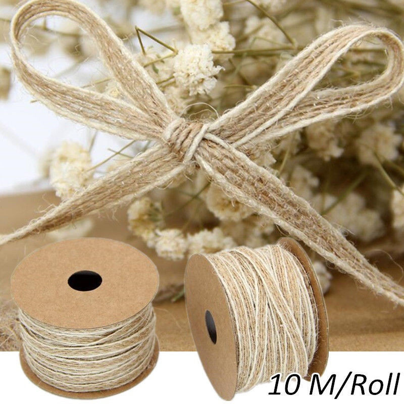 

10M/Roll Jute Burlap Rolls Hessian Ribbon With Lace Vintage Rustic Wedding Decoration Party DIY Crafts Christmas Gift Packaging