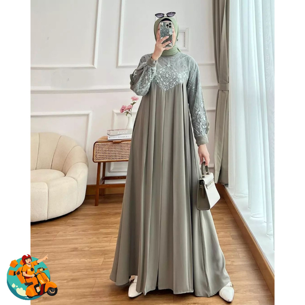 GAMIS WANITA AMEENA BAHAN CERUTY BABYDOLL MIX BRUKAT TILE DRESS KONDANGAN GAMIS WARNA HIJAU DRESS GA