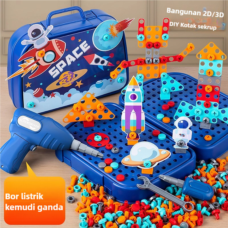 Mainan Anak Merakit Tool Box Set/Edukasi Anak Dengan Bor Listrik Kotak Peralatan Sekrup