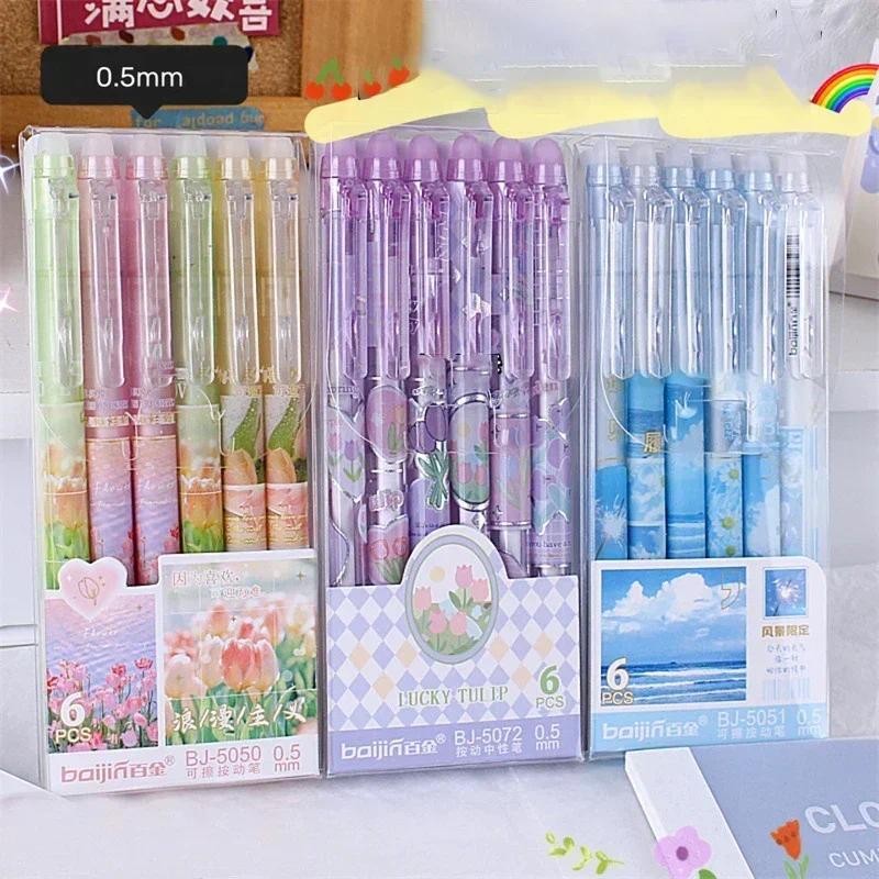 

6pcs Erasable Gel Pens Romantic Flowers Blue Black Ink Signature Pens with Erasers 0.5mm Cute Pens Writing Tools Office School