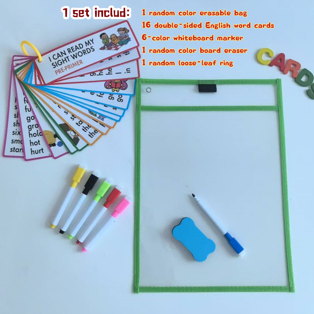 

1pcs Reusable Trasparen Dry Erse Pockets With16Pcs Double Side English Words Cards MarkerPen Set Convinent For Writting Storage