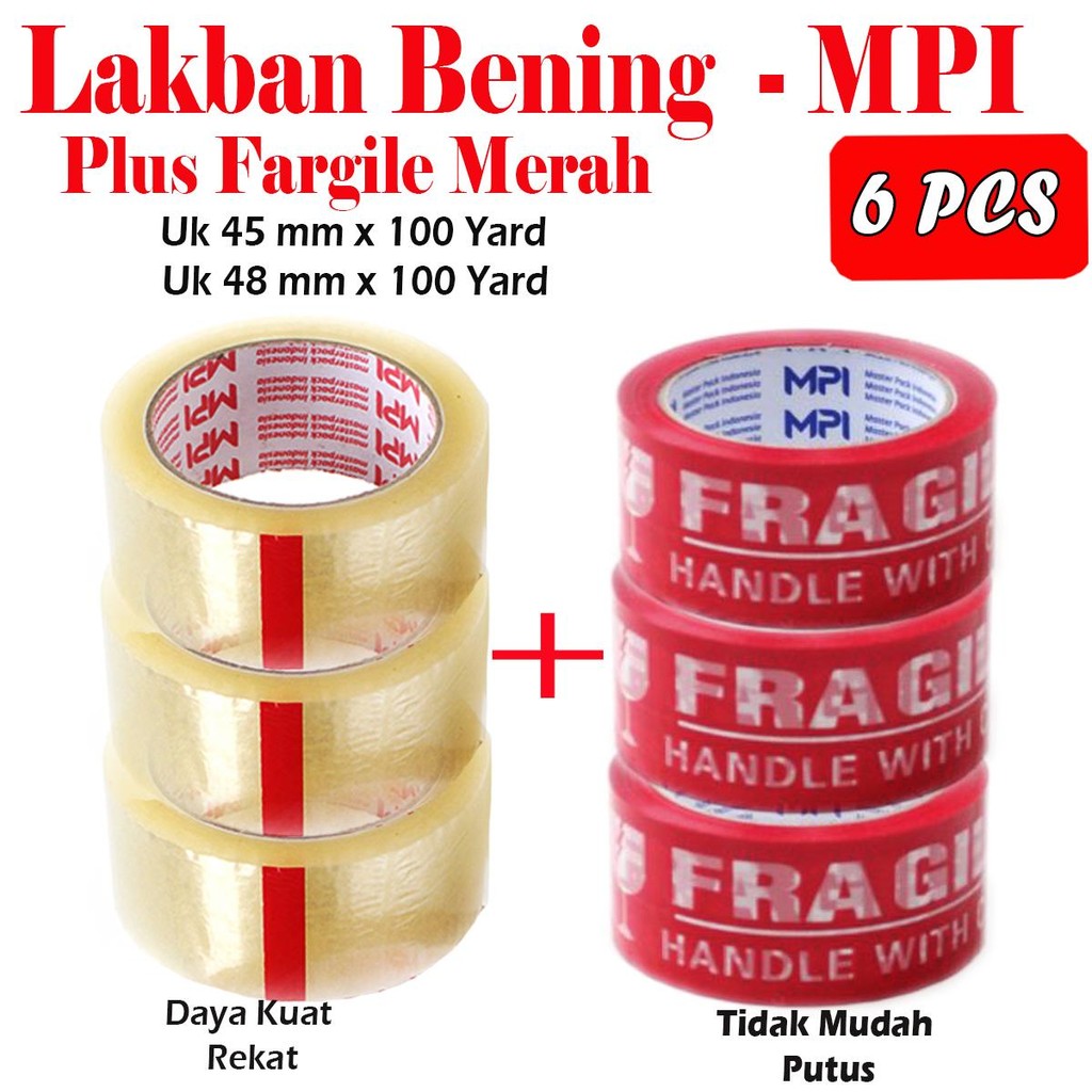 

3 Pcs Lakban Bening Uk 45 x 100 + 3 Pcs Lakban Fragile Merah Uk 48 x 100 Yard - MPI