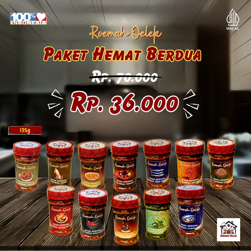 

[Paket Berdua] Sambal Roemah Oelek 135g - Ayam Suwir/Balado/Bawang/Cabe Ijo/Cakalang/Ceker/Cumi/Jengkol/Mercon/Terasi/Teri/Udang/Usus