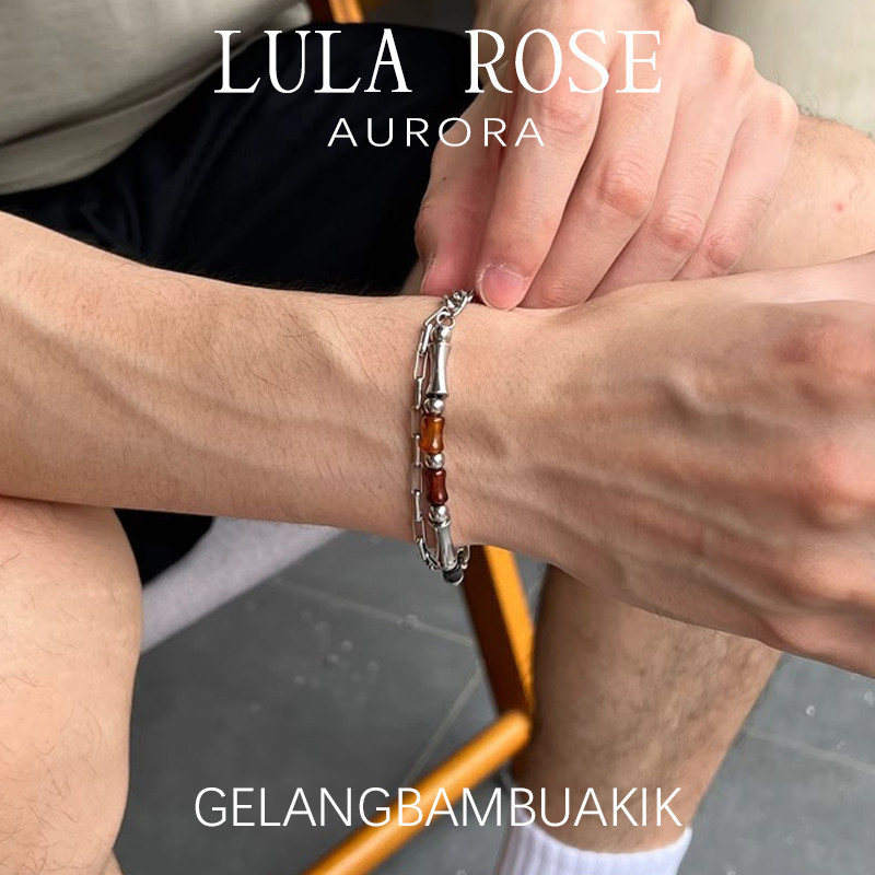 LULA ROSE Gelang Pria Batu Akik Merah Coklat & Rantai Baja Titanium｜Gelang Manik Cowok Gaya Street