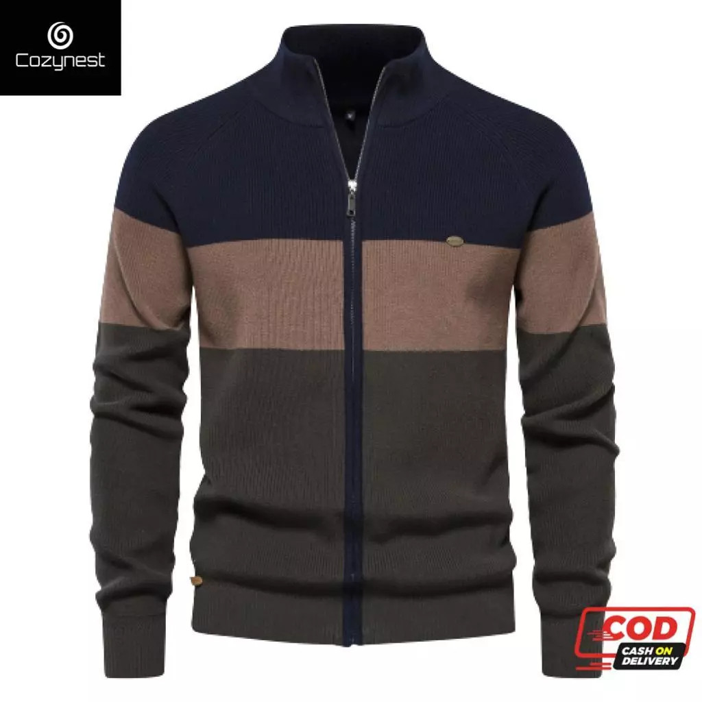 jaket sweater rajut resleting garis pria