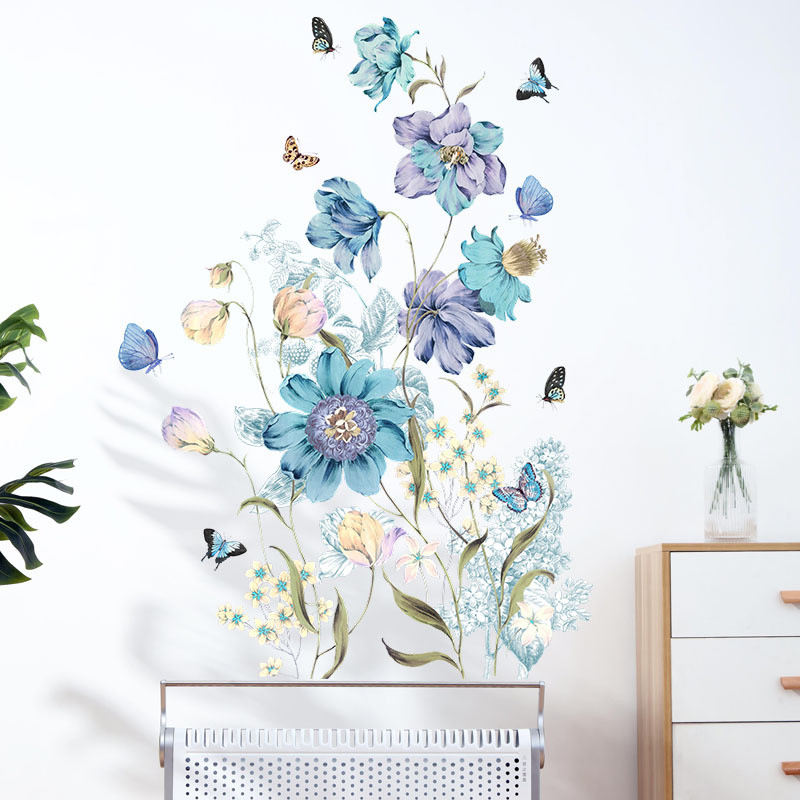 

Painted Blue Flowers Butterfly Bedroom Porch Bedside Home Wall Decoration Wall Stickers Self-adhesive Room Decoration