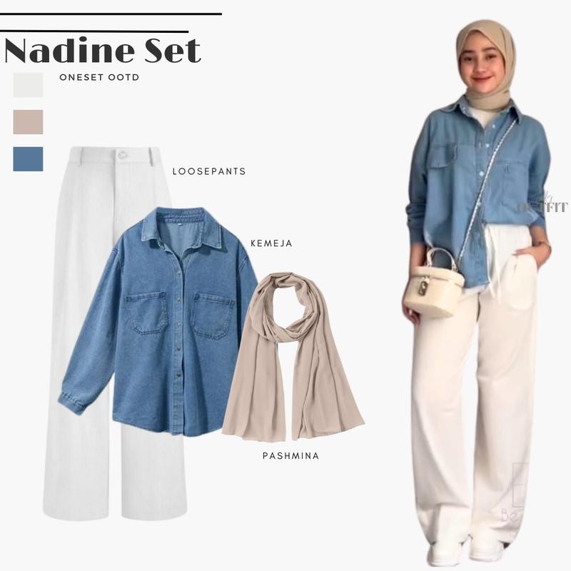 Outfit Hangout Wanita Kekinian ( Kemeja Jeans + Celana Kulot + Pashmina ) One set OOTD - Nadine