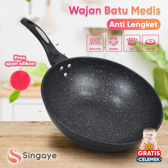 SINGAYE Wajan Anti Lengket Batu Medis 32 cm TK-822 - wajan batu granit