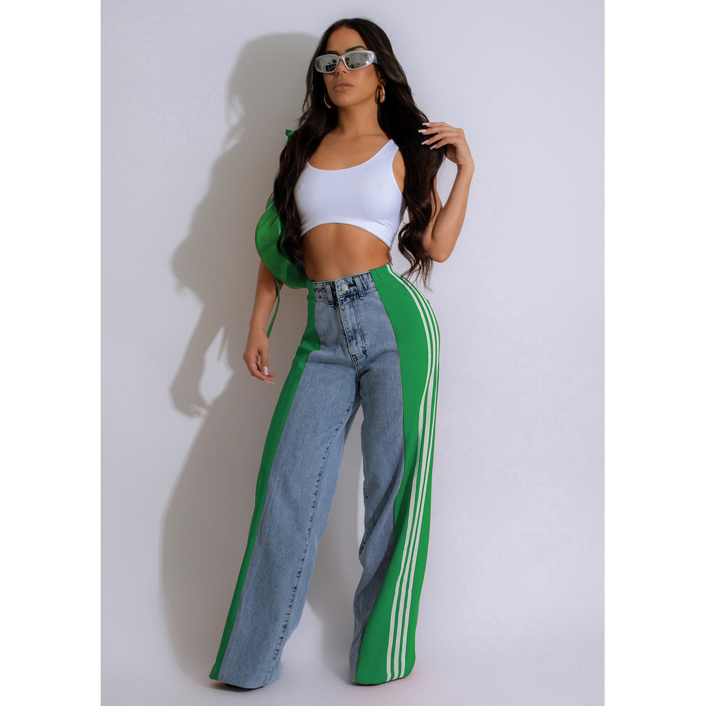 Patchwork Jeans Wide Leg Pants Sexy Women Blue Jeans Flare Pants Denim Straight Trousers