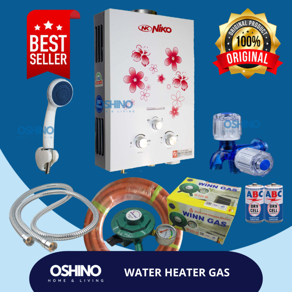 Paket Set Lengkap Water Heater Pemanas Air Buat Kamar Mandi Gas Niko  Putih
