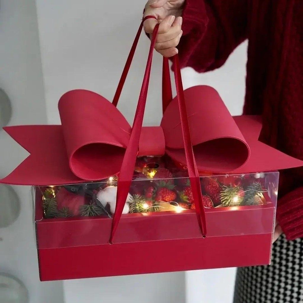 

1 Pcs Bow Cake Flower Box Handheld Fruit Bouquet Birthday Gift Packaging Box Valentine's Day Rose Transparent Storage Boxes