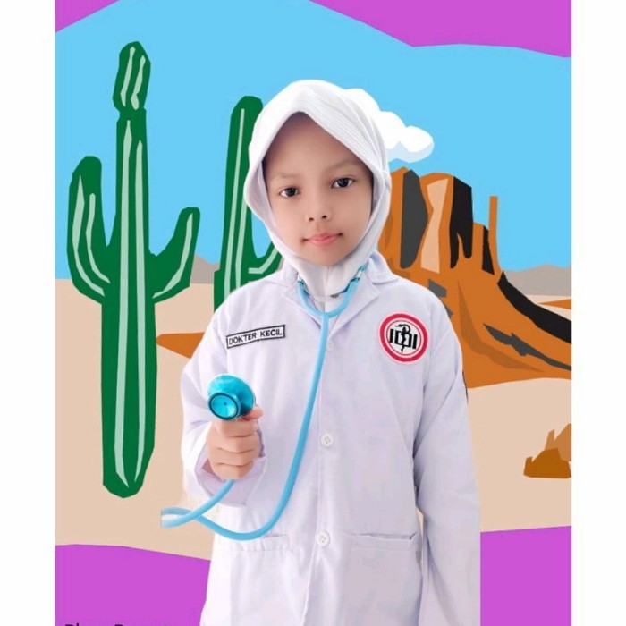 Jas Dokter anak perempuan warna putih komplit stetoskop