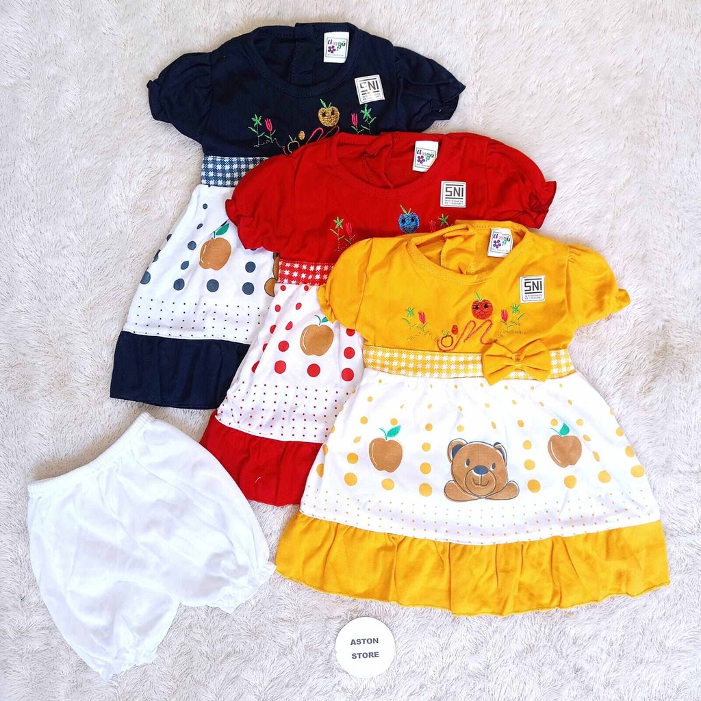 Dress Bayi Perempuan dan Celana Kancing Belakang Baju Anak Perempuan Usia 3-12 Bulan Motif Bear
