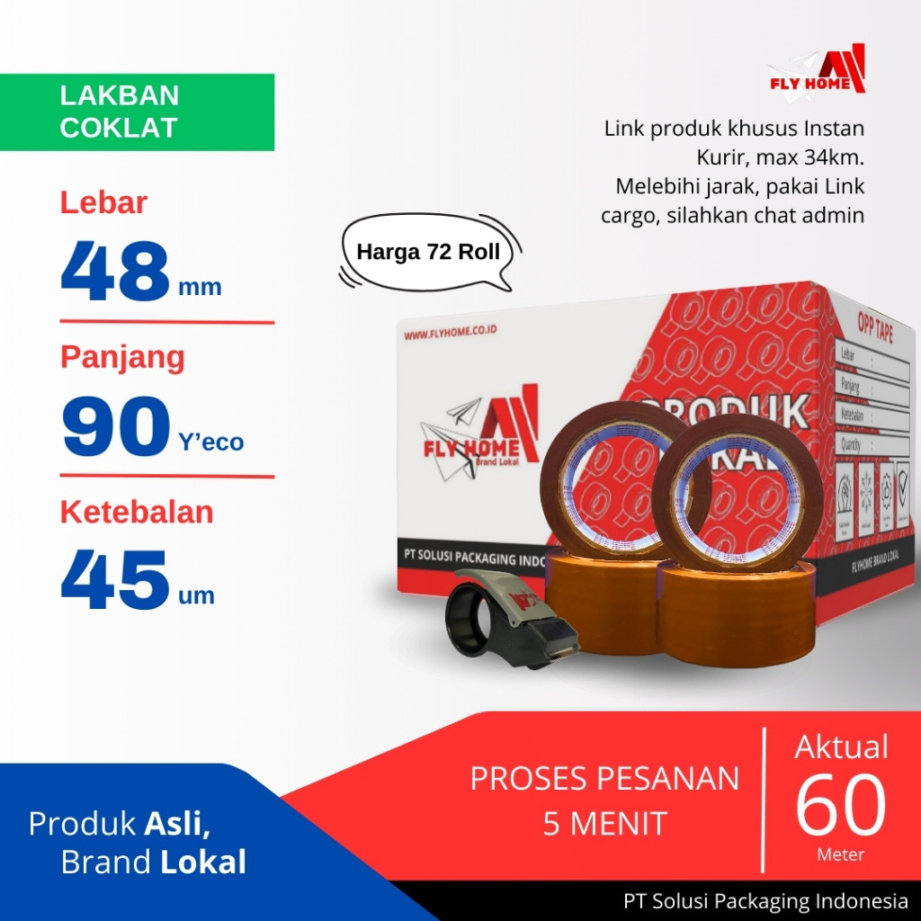 

Flyhome Lakban Coklat 1 Dus 90yard 48mm x 90yard 2Inci 72 Roll 90 Yard Eco Instan