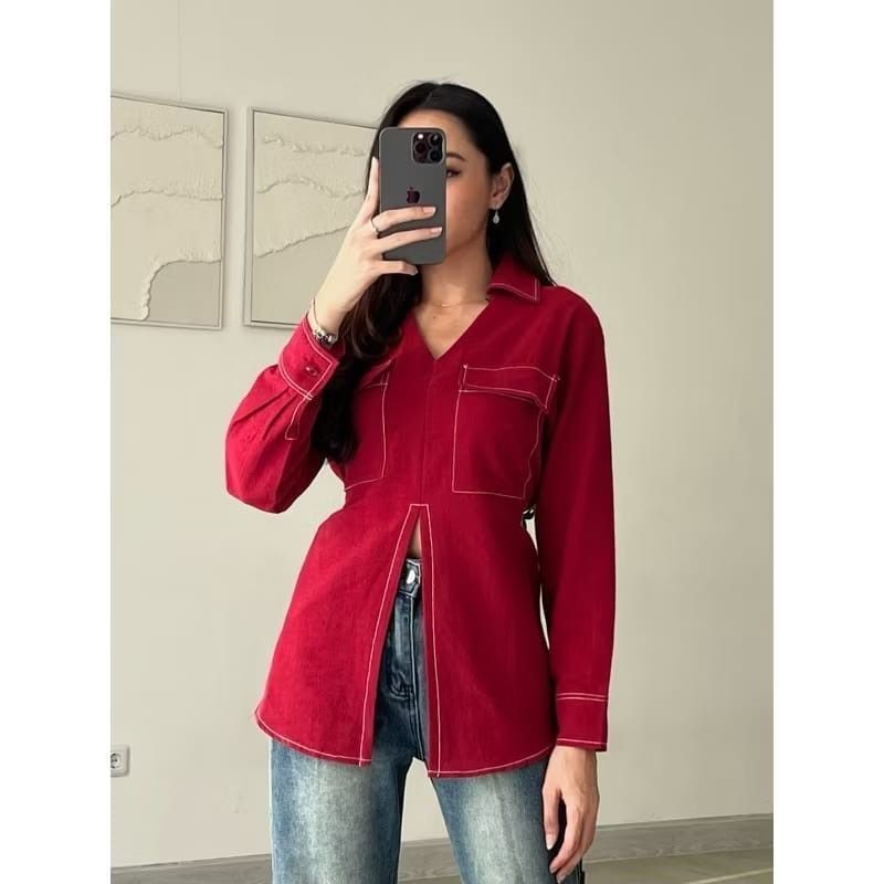 QR - RJD OOTD Kemeja Outer Lengan Panjang Slit Polos Terbaru / PAULA Top Kemeja Slit Lengan Panjang 
