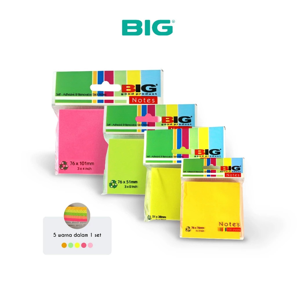 

BIG Sticky Notes Warna/ Note Kertas/ Memo Tempel Tumpuk 76X76mm - 5 warna tumpuk