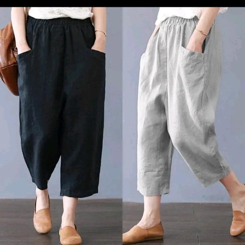 

Unqoo Pants Bahan Cotton Twill Size L - XL - XXL - XXXL Celana Panjang Wanita 7/8 Style Pinggang Full karet