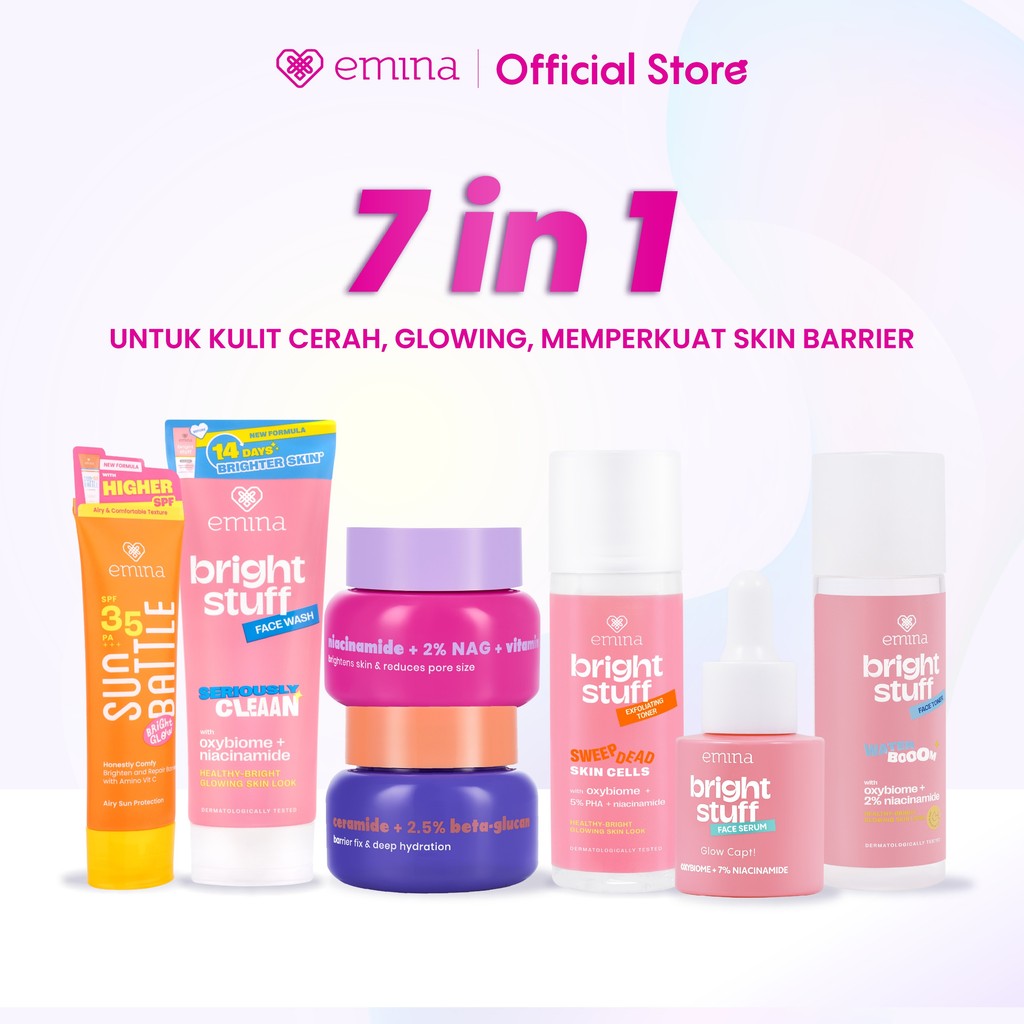 [Paket Hemat Mencerahkan] Emina All in 7in1-Brightening Moisturizer+Cleanser+Sunscreen+Toner+Serum+ 