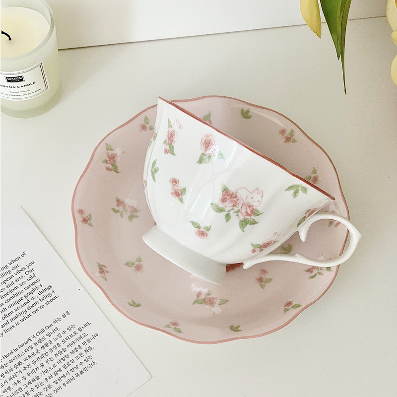 ROSES Cup & Saucer/Aesthetic Korean Style Tea Cup/Cangkir Teh Vintage/Cangkir Teh Mewah Premium/Set 