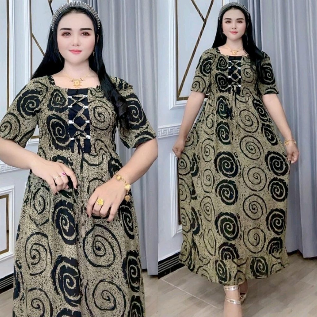 Baju Wanita Midi Dress Pkl Naura Rayon Twill Lengan Pendek Tali Silang Bagian Dada