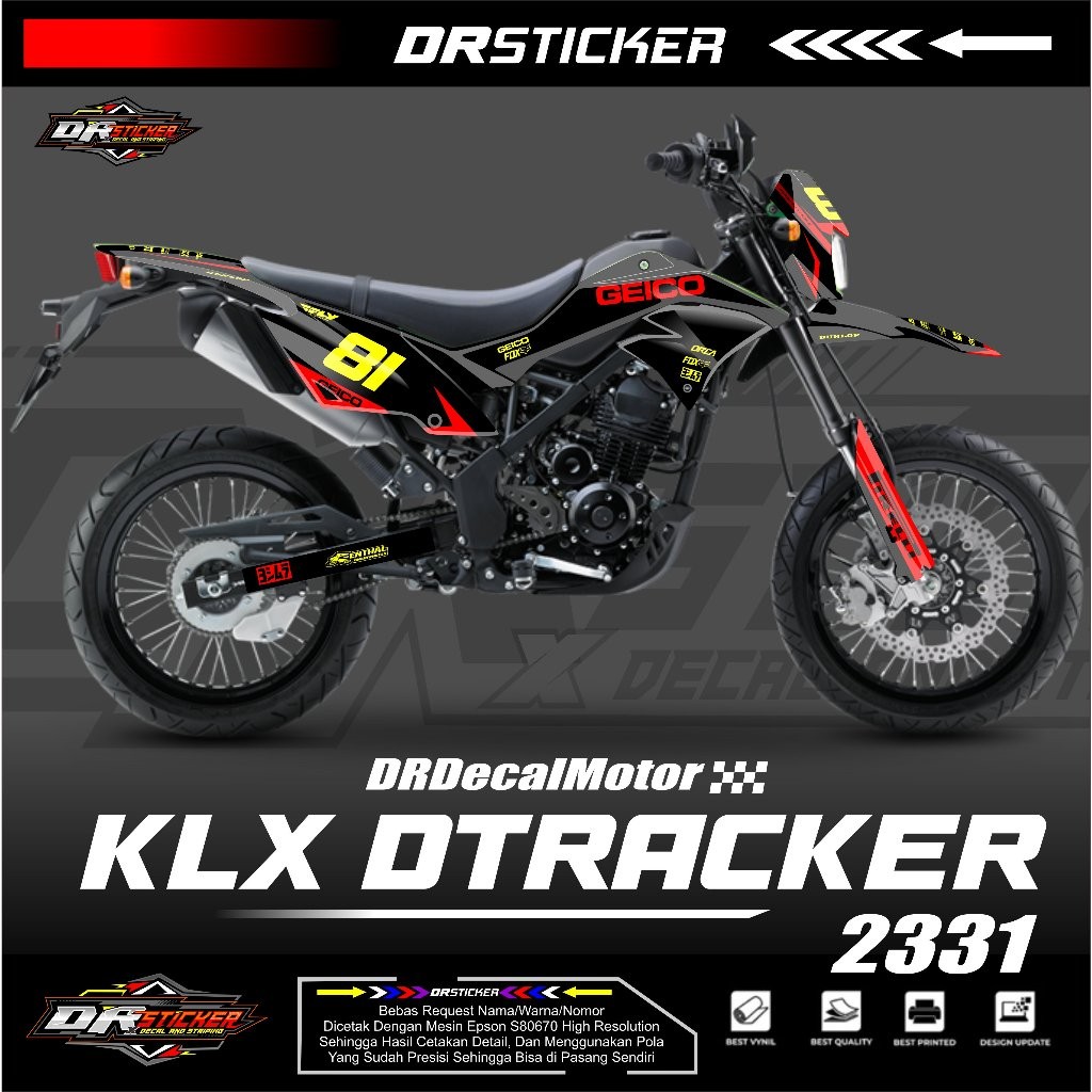 Decal KLX DTRACKER dengan warna dasar hitam kombinasi kuning bebas request nama dan nomor