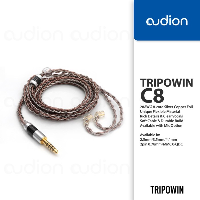 Promo TRIPOWIN C8 8-Core Silver Copper Foil Braided Upgrade Cable Mic/No Mic - QDC, 3.5mm NO MIC