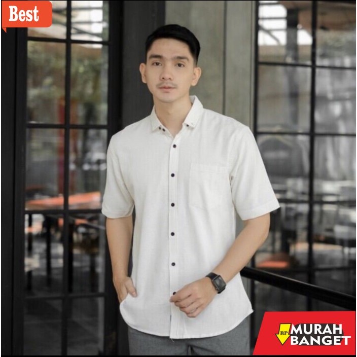 kemeja pendek pria keren Baju Kemeja Polos Putih Pria Lengan Pendek Simple | Baju Katun Cowok - Maro