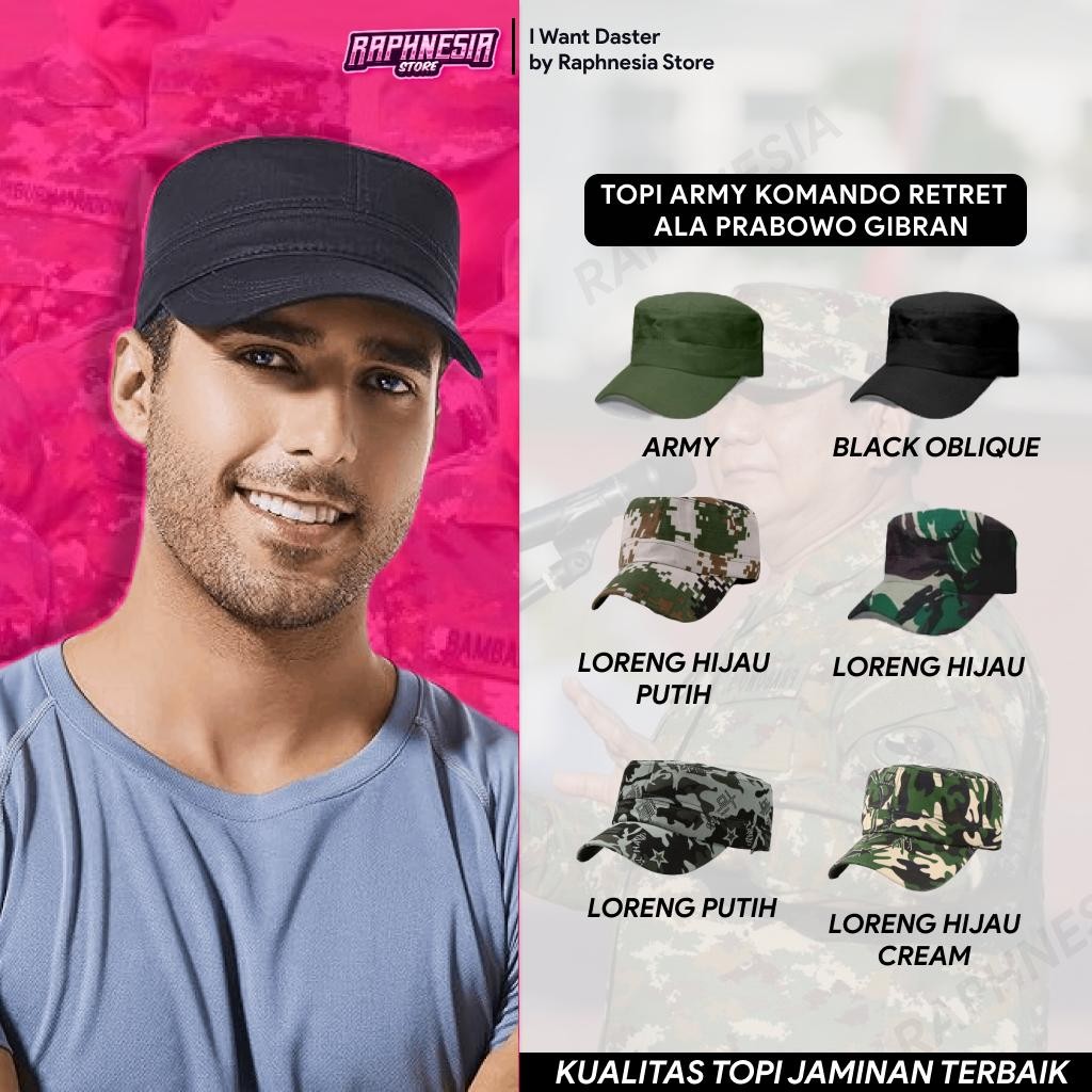 Topi Komando Ala Myr Teddy dan Ala Retret Pra gib Motif Doreng Polos Gaya Vintage Retro Unisex Adjus