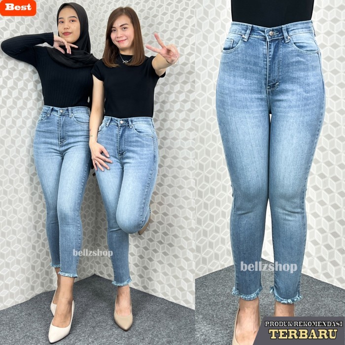 celana jeans wanita kekinian Celana Jeans Highwaist Wanita 7 9 Stretch Washed Rawis Jumbo Diora - Li