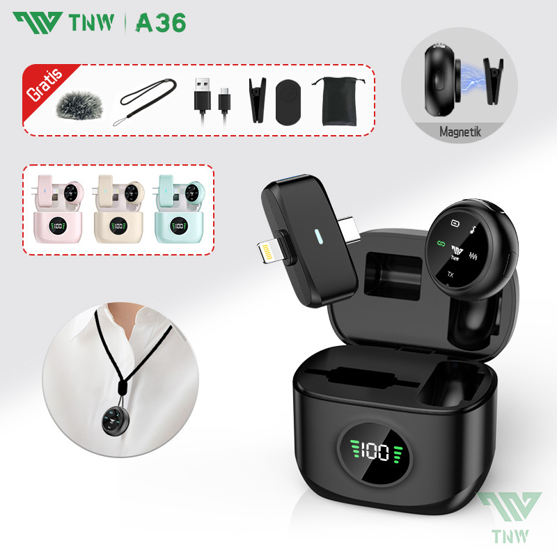 TNW A36 Wireless Microphone 2-In-1 Magnetic Clip On Mic Wireless Lavalier Mikrofon HP Plug & Play La