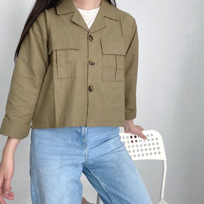 [New Arrival] Claryn Outer Linen Crop Version - Kemeja Linen - Atasan Wanita - Sage Green