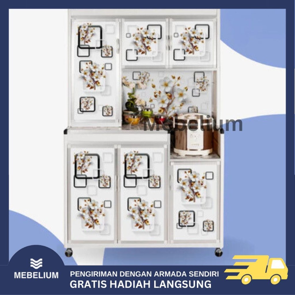 [ORI] Rak Piring Roda 3 Pintu Tiang Aluminium Super Pintu Kaca Full Karakter  | Lemari Piring Plat A