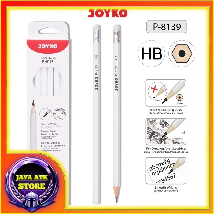 

Joyko White Pencil Pensil Putih P-8139 HB Pensil Plus Penghapus PAK