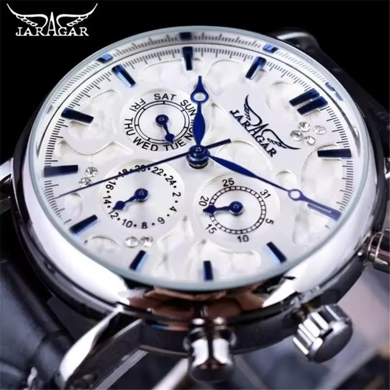 JARAGAR 348 Men's Automatic Mechanical Watches Military Multifunction Luxury Leather Strap Sport Wri
