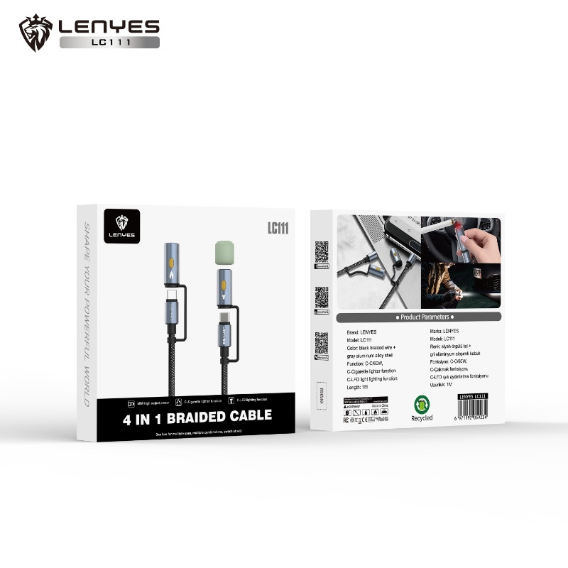 Kabel Data 4 In 1 LENYES LC111  Fast Charging 60W Type C To Type C Multifungsi Korek Api Elektrik Lampu LED 1 Meter