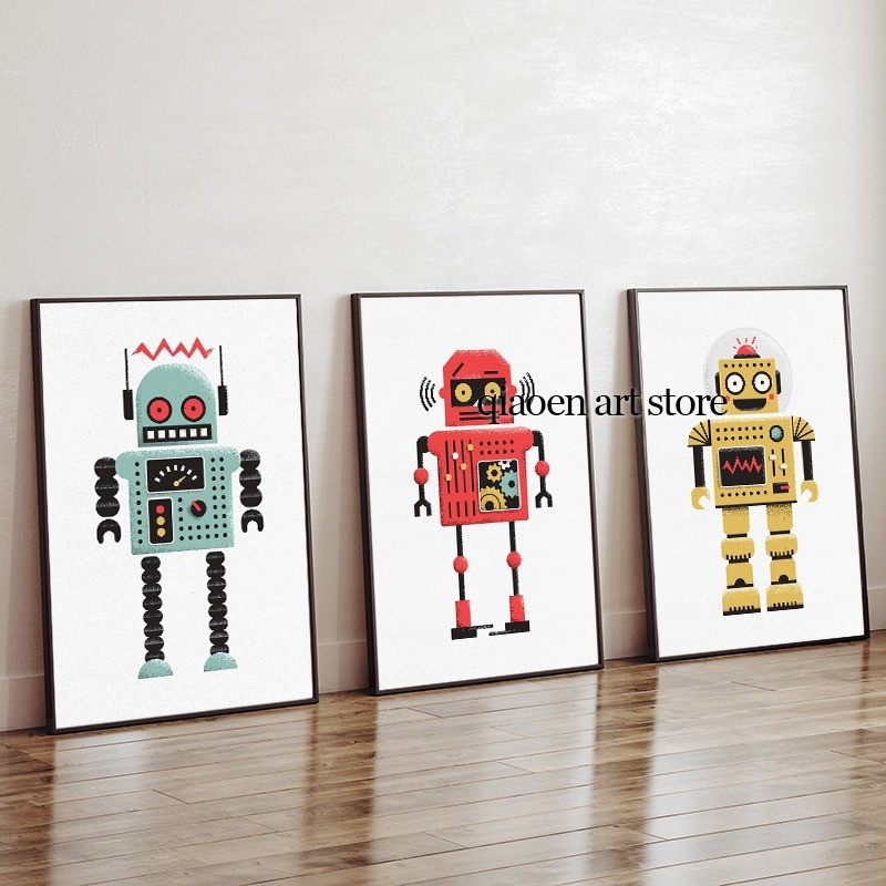 

Cartoon Blue Red Yellow Robot Retro Posters and Prints Canvas Painting Robot Wall Art Picture for Nursery Kid's Room Decor