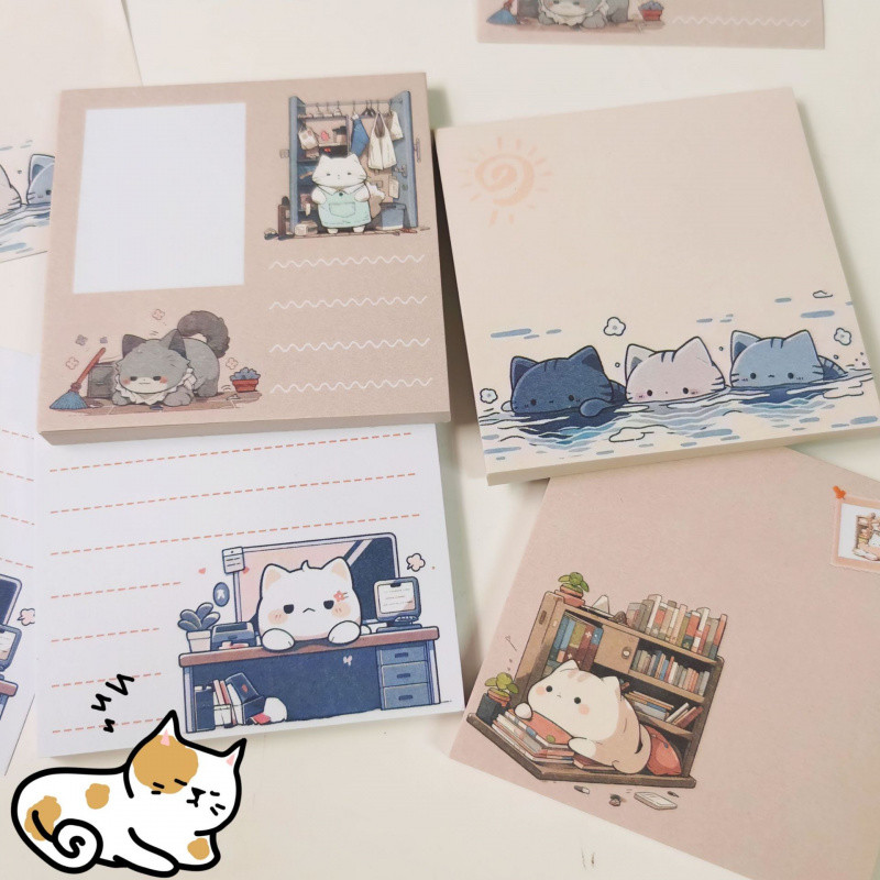 

Original Design Japanese Style Cute Cat Sticky Notes Cartoon Girly Heart Meow Door Student High-Value Notebook Material Book