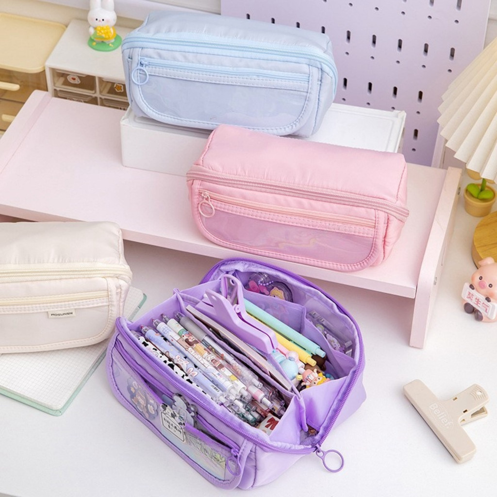 macaron pink pencil case Cartoon Pencil Bag High-capacity Pencil Case purple Cute Stationery Box Lar