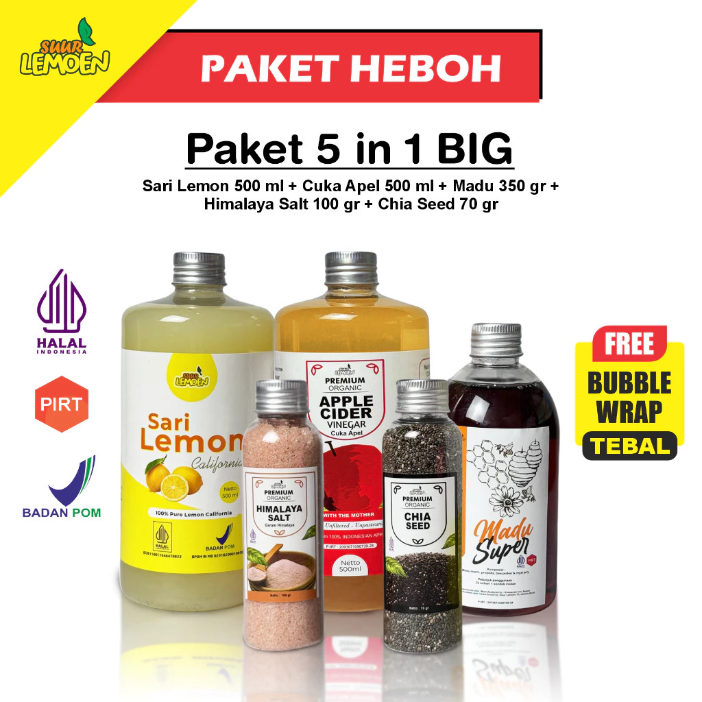 

Suur Lemoen Paket Diet dan Detox 5in1 BIG - Paket Hemat Cuka Apel, Sari Lemon, Chia Seed, Madu Hutan,