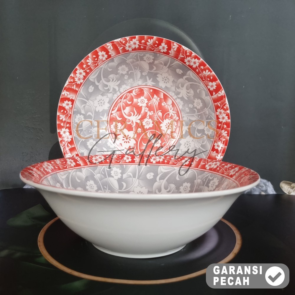 WINSTON 1pcs Bowl Keramik 9in FLOWER RED Mangkok Makan Mangkok Dalam Jumbo 23cm