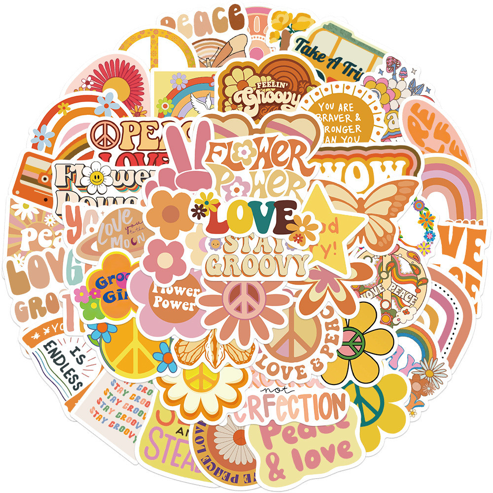 

50Pcs Groovy Boho Hippie Vinyl Stickers Rainbow Daisy Butterfly Pace Theme Self Adhesive Stickers 60s Hippie Party
