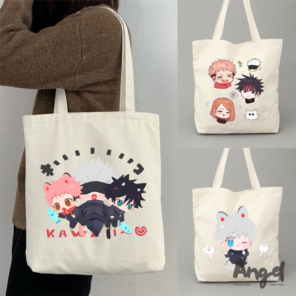 Tas Tote Bag 100% Kanvas Resleting Jujutsu Kaisen Anime Gojo Satoru Lucu Aesthetic Ukuran 35x40 Enje