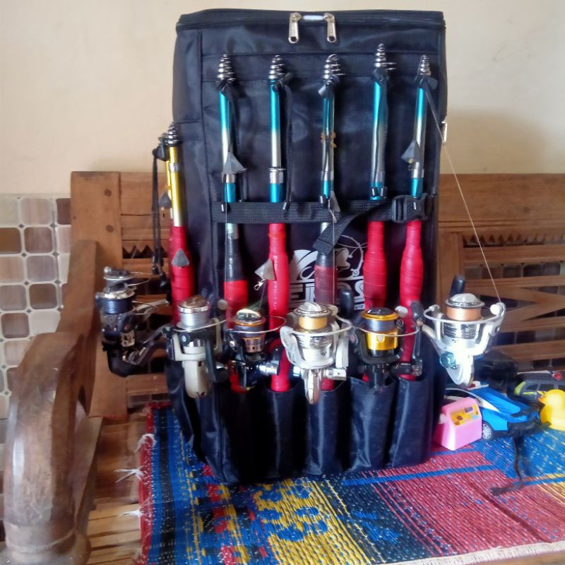 PROMO/ Tas Pancing Ransel Wadukan Isi 5 dan (5+2) Joran Tebal Waterproof