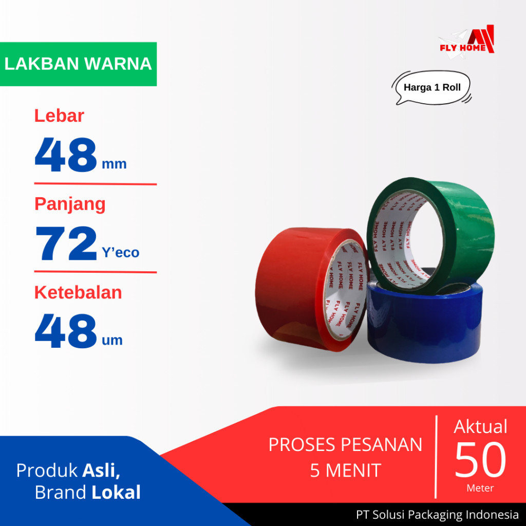 

Fly Home Lakban Warna 48 x 72 Yard | Lakban Merah / Hijau / Biru