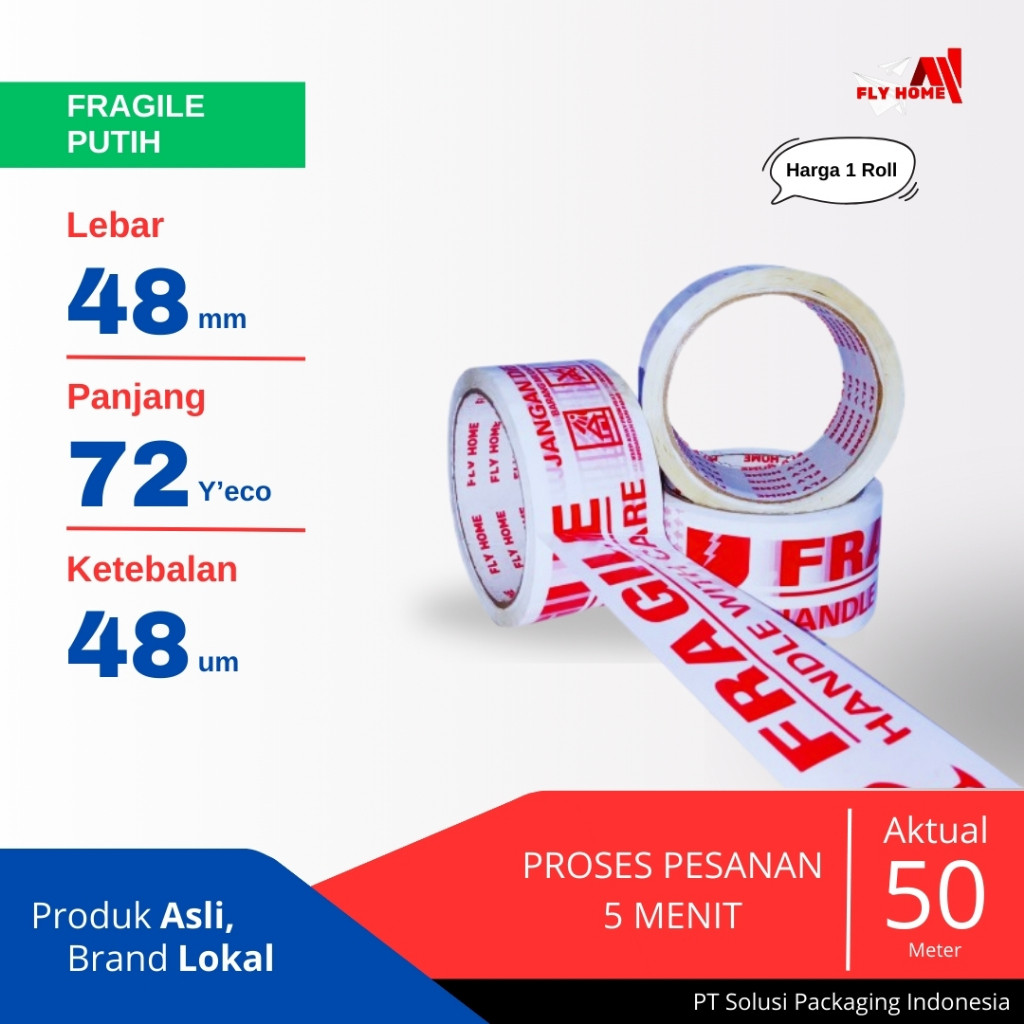 

FLYHOME Fragile putih 72yard 48mm x 72yard 2inci 1 roll lakban Printing ECO