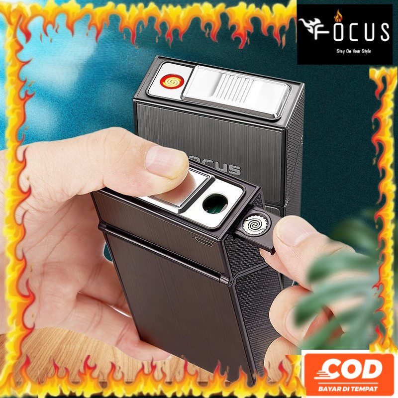 KOTAK ROKO 20 SLOT + KOREK ELEKTRIK USB CHARGE / TEMPAT WADAH BATANG ROKOK/ BUNGKUS PORTABLE OUTDOOR